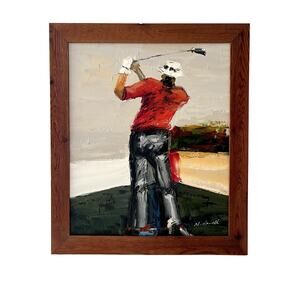 Golfer Golf Oil On Canvas M. Harold Framed Excellent Condition